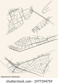 Black simple detailed street roads map on vintage beige background of the Katendrecht quarter neighbourhood of Rotterdam, Netherlands