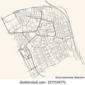 Black simple detailed street roads map on vintage beige background of the quarter Groot-IJsselmonde neighbourhood of Rotterdam, Netherlands