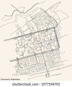 Black simple detailed street roads map on vintage beige background of the Ommoord quarter neighbourhood of Rotterdam, Netherlands