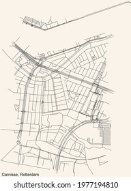 Black simple detailed street roads map on vintage beige background of the Carnisse quarter neighbourhood of Rotterdam, Netherlands