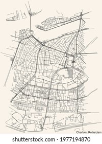 Black simple detailed street roads map on vintage beige background of the Charlois quarter district of Rotterdam, Netherlands