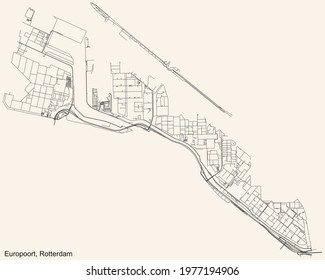 Black simple detailed street roads map on vintage beige background of the quarter Europoort district of Rotterdam, Netherlands