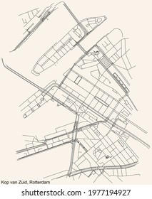 Black simple detailed street roads map on vintage beige background of the quarter Kop van Zuid neighbourhood of Rotterdam, Netherlands