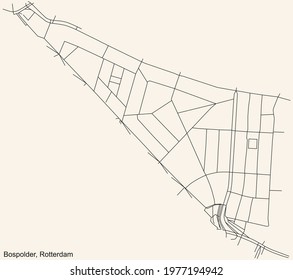 Black simple detailed street roads map on vintage beige background of the quarter Bospolder neighbourhood of Rotterdam, Netherlands