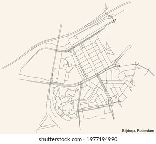 Black simple detailed street roads map on vintage beige background of the quarter Blijdorp neighbourhood of Rotterdam, Netherlands