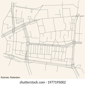 Black simple detailed street roads map on vintage beige background of the quarter Rubroek neighbourhood of Rotterdam, Netherlands