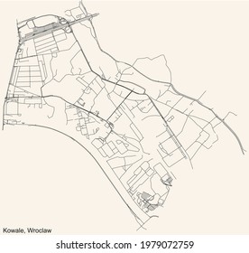 Black simple detailed street roads map on vintage beige background of the quarter Kowale district of Wroclaw, Poland