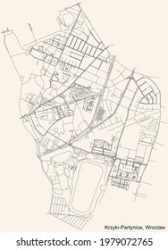 Black simple detailed street roads map on vintage beige background of the quarter Krzyki-Partynice district of Wroclaw, Poland