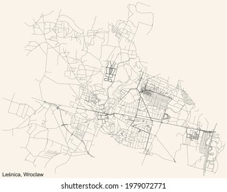 Black simple detailed street roads map on vintage beige background of the quarter Leśnica district of Wroclaw, Poland