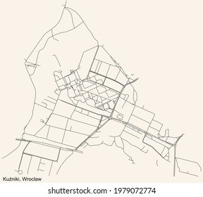 Black simple detailed street roads map on vintage beige background of the quarter Kuźniki district of Wroclaw, Poland