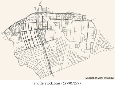Black simple detailed street roads map on vintage beige background of the quarter Muchobór Mały district of Wroclaw, Poland