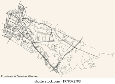 Black simple detailed street roads map on vintage beige background of the quarter Przedmieście Oławskie district of Wroclaw, Poland