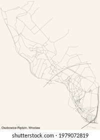 Black simple detailed street roads map on vintage beige background of the quarter Osobowice-Rędzin district of Wroclaw, Poland
