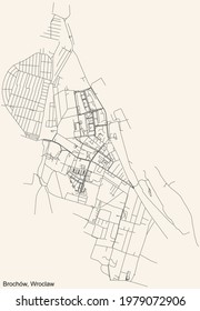 Black simple detailed street roads map on vintage beige background of the quarter Brochów district of Wroclaw, Poland