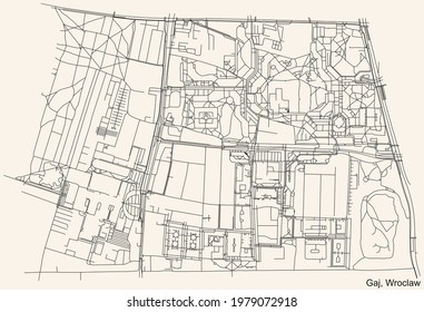 Black simple detailed street roads map on vintage beige background of the quarter Gaj district of Wroclaw, Poland