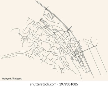 Black simple detailed street roads map on vintage beige background of the quarter Stadtbezirk Wangen district of Stuttgart, Germany