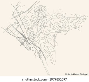 Black simple detailed street roads map on vintage beige background of the quarter Stadtbezirk Untertürkheim district of Stuttgart, Germany
