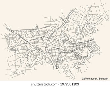 Black simple detailed street roads map on vintage beige background of the quarter Stadtbezirk Zuffenhausen district of Stuttgart, Germany