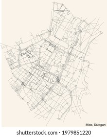 Black simple detailed street roads map on vintage beige background of the quarter Stadtbezirk Mitte district of Stuttgart, Germany