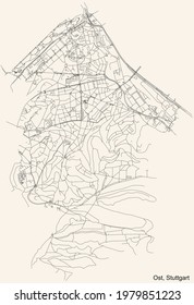 Black simple detailed street roads map on vintage beige background of the quarter Stadtbezirk Ost district of Stuttgart, Germany
