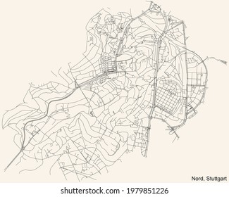 Black simple detailed street roads map on vintage beige background of the quarter Stadtbezirk Nord district of Stuttgart, Germany