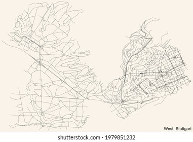 Black simple detailed street roads map on vintage beige background of the quarter Stadtbezirk West district of Stuttgart, Germany