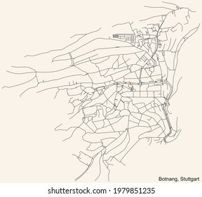 Black simple detailed street roads map on vintage beige background of the quarter Stadtbezirk Botnang district of Stuttgart, Germany