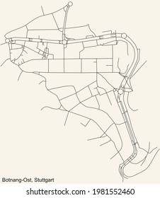 Black simple detailed street roads map on vintage beige background of the quarter Botnang-Ost of district Botnang of Stuttgart, Germany