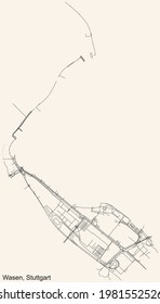 Black simple detailed street roads map on vintage beige background of the quarter Wasen of district Bad Cannstatt of Stuttgart, Germany