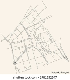 Black simple detailed street roads map on vintage beige background of the quarter Kurpark of district Bad Cannstatt of Stuttgart, Germany
