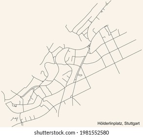 Black simple detailed street roads map on vintage beige background of the quarter Hölderlinplatz of district West of Stuttgart, Germany