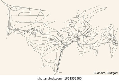 Black simple detailed street roads map on vintage beige background of the quarter Südheim of district Süd of Stuttgart, Germany