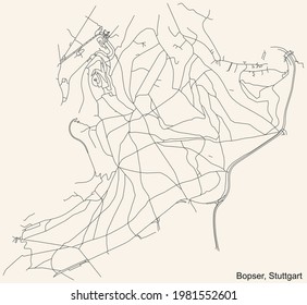 Mapa de calles sencillas y negras detalladas en el fondo beige vintage del barrio Bopser del distrito Süd de Stuttgart, Alemania