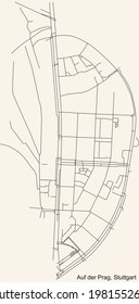 Black simple detailed street roads map on vintage beige background of the quarter Auf der Prag of district Nord of Stuttgart, Germany