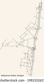 Black simple detailed street roads map on vintage beige background of the quarter Heilbronner Straße of district Nord of Stuttgart, Germany