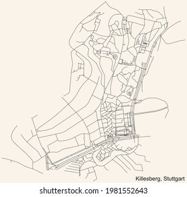 Black simple detailed street roads map on vintage beige background of the quarter Killesberg of district Nord of Stuttgart, Germany