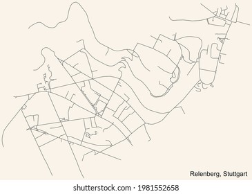 Black simple detailed street roads map on vintage beige background of the quarter Relenberg of district Nord of Stuttgart, Germany