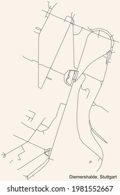 Black simple detailed street roads map on vintage beige background of the quarter Diemershalde of district Mitte of Stuttgart, Germany