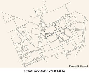 Black simple detailed street roads map on vintage beige background of the quarter Universität of district Mitte of Stuttgart, Germany