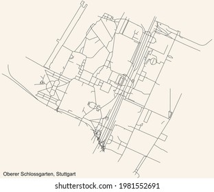 Black simple detailed street roads map on vintage beige background of the quarter Oberer Schlossgarten of district Mitte of Stuttgart, Germany