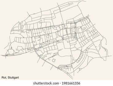 Black simple detailed street roads map on vintage beige background of the quarter Rot of district Zuffenhausen of Stuttgart, Germany