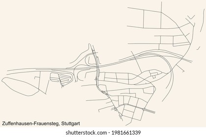 Black simple detailed street roads map on vintage beige background of the quarter Zuffenhausen-Frauensteg of district Zuffenhausen of Stuttgart, Germany