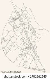 Black simple detailed street roads map on vintage beige background of the quarter Feuerbach-Ost of district Feuerbach of Stuttgart, Germany