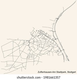 Black simple detailed street roads map on vintage beige background of the quarter Zuffenhausen-Am Stadtpark of district Zuffenhausen of Stuttgart, Germany