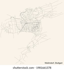Black simple detailed street roads map on vintage beige background of the quarter Weilimdorf of district Weilimdorf of Stuttgart, Germany