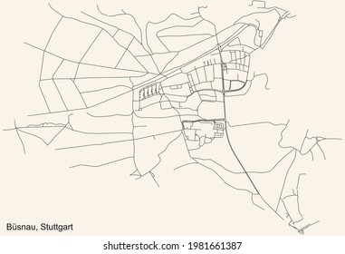 Black simple detailed street roads map on vintage beige background of the quarter Büsnau of district Vaihingen of Stuttgart, Germany