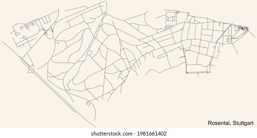 Black simple detailed street roads map on vintage beige background of the quarter Rosental of district Vaihingen of Stuttgart, Germany
