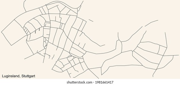 Black simple detailed street roads map on vintage beige background of the quarter Luginsland of district Untertürkheim of Stuttgart, Germany