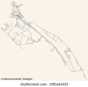 Black simple detailed street roads map on vintage beige background of the quarter Lindenschulviertel of district Untertürkheim of Stuttgart, Germany