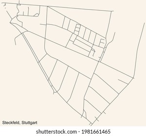 Black simple detailed street roads map on vintage beige background of the quarter Steckfeld of district Plieningen of Stuttgart, Germany